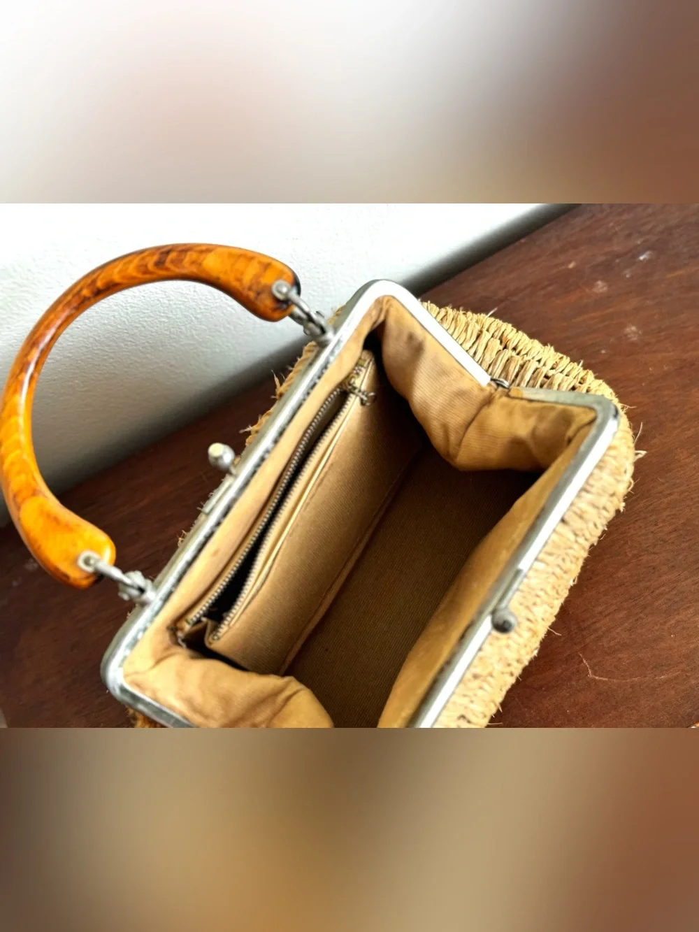 Vintage Woven Straw Top-Handle Bag in Natural Tan